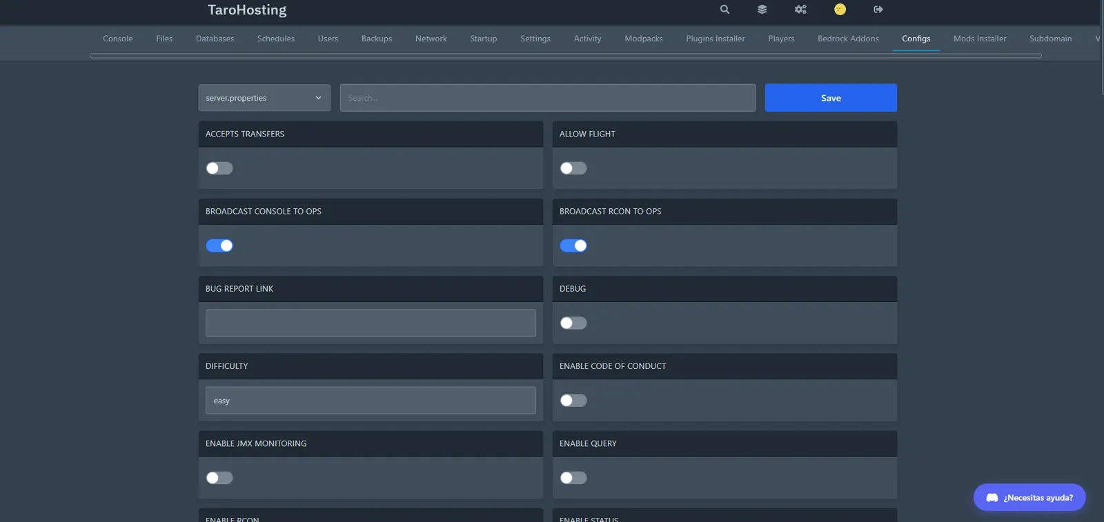 Panel de Control — Configuración