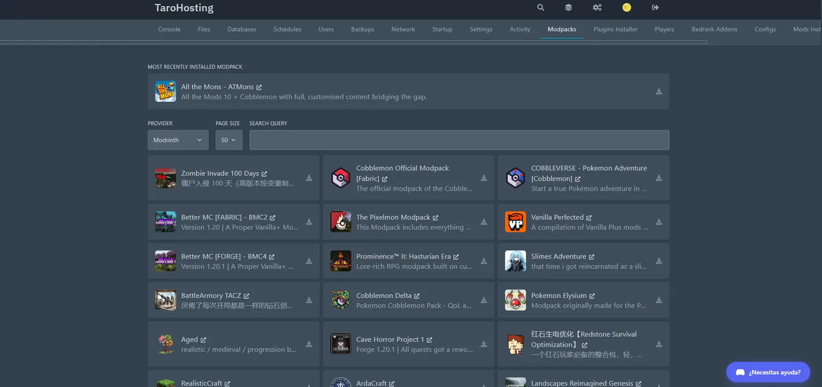 Panel de Control — Modpacks